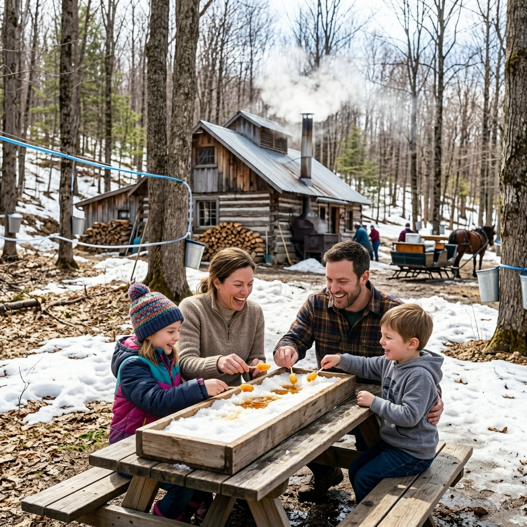 Famille à la cabane à sucre au Québec